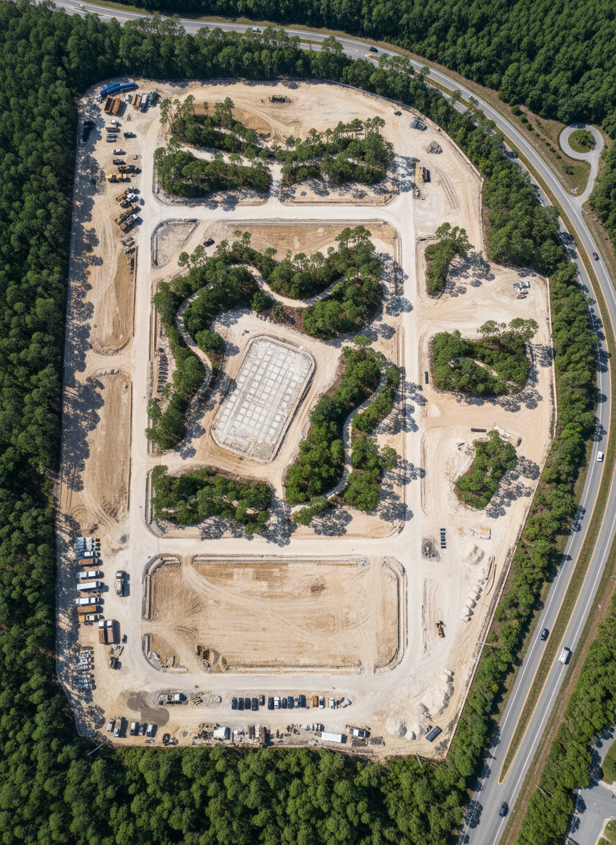 A panoramic bird’s-eye view of a large commercial site in mid-preparation, with clearly defined zones of cleared land, graded pads, and preserved tree buffers forming precise geometric shapes in the sandy Florida soil. Bright midday sun illuminates the entire area, revealing straight access paths, compacted surfaces, and neatly staged equipment positioned at the periphery. The surrounding landscape of green pines and nearby roadways provides contextual contrast. The photograph, highly detailed and realistic, is captured from directly overhead, emphasizing order, planning, and readiness for development. The mood is organized and purposeful, communicating systematic land and site preparation suitable for residential, commercial, aviation, and government projects.