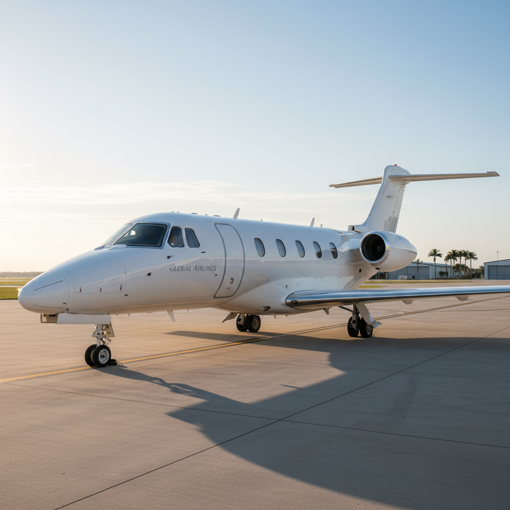 A sleek, white corporate jet parked on a spotless concrete apron at a small Florida airfield, its fuselage gleaming with a freshly detailed, mirror-like finish. The aircraft’s windows are crystal clear, and the polished turbine nacelles subtly reflect the surrounding tarmac markings and low hangars in the distance. Soft early morning light creates gentle highlights along the jet’s curves and crisp reflections on its wings, with faint shadows stretching behind the landing gear. The sky features a pale blue gradient with a few thin clouds. Captured at eye level in photographic realism with a shallow depth of field, the focus is on the flawless cleanliness and meticulous aviation detailing, conveying reliability, discipline, and professional care.