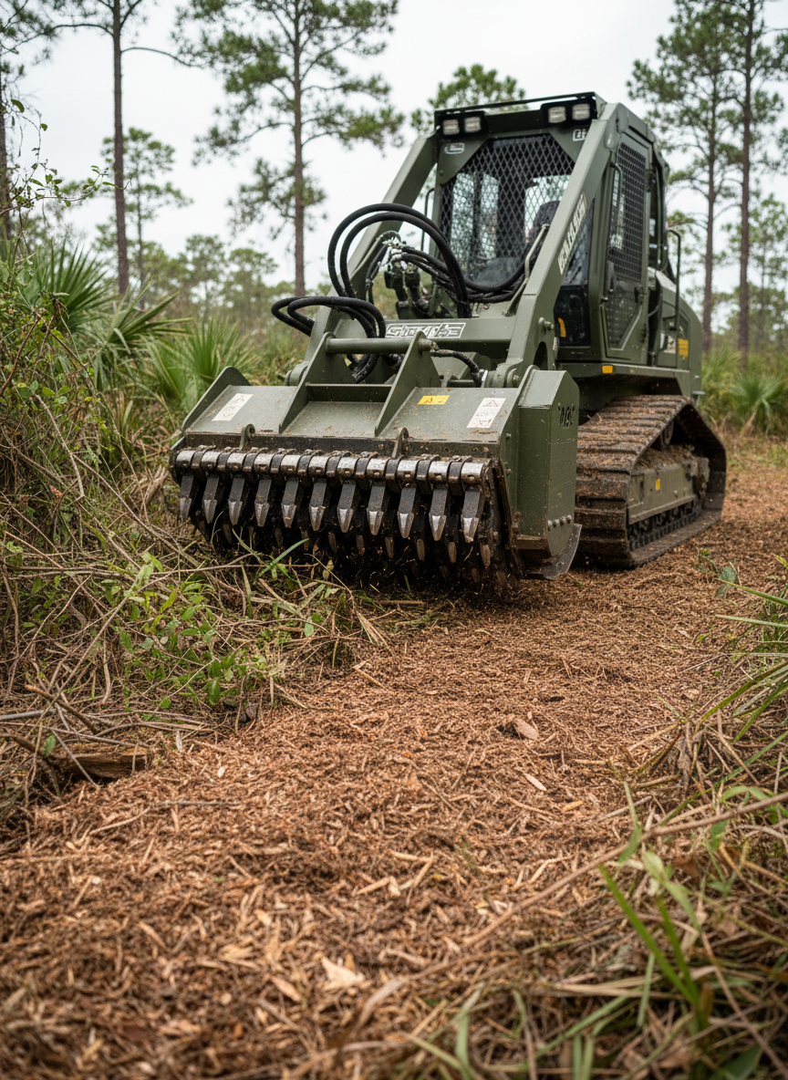 A close-up, low-angle view of a heavy-duty forestry mulcher head with freshly sharpened carbide teeth, mounted on a robust tracked carrier, poised at the edge of dense Florida underbrush. The vegetation in front shows a precise transition from untouched palmettos and scrub to finely mulched, evenly spread organic material. Overcast, diffused daylight softens the scene, eliminating harsh shadows while accentuating details in the steel, hydraulic hoses, and textured tracks. The background gradually blurs into a mixture of pines and low vegetation. Photographic realism with a rule-of-thirds composition emphasizes the machine’s cutting edge and the clean boundary line, projecting controlled power, efficiency, and military-grade land clearing accuracy.