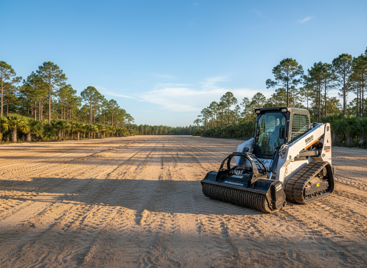 An expansive Florida worksite freshly cleared by heavy equipment, with meticulously graded sandy soil stretching toward a distant tree line of tall pines and palmettos. In the foreground, a rugged steel land-clearing attachment and compact track loader rest on firm, level ground, their paint clean and well-maintained, reflecting a culture of precision. Late afternoon golden sunlight casts long, crisp shadows that emphasize the smooth, even surface and clean edges of the site. The sky is clear, bright blue with a few high clouds. Photographed from a slightly elevated angle in sharp photographic realism, the composition highlights order, readiness, and professional site preparation, with a calm, confident, mission-ready atmosphere.