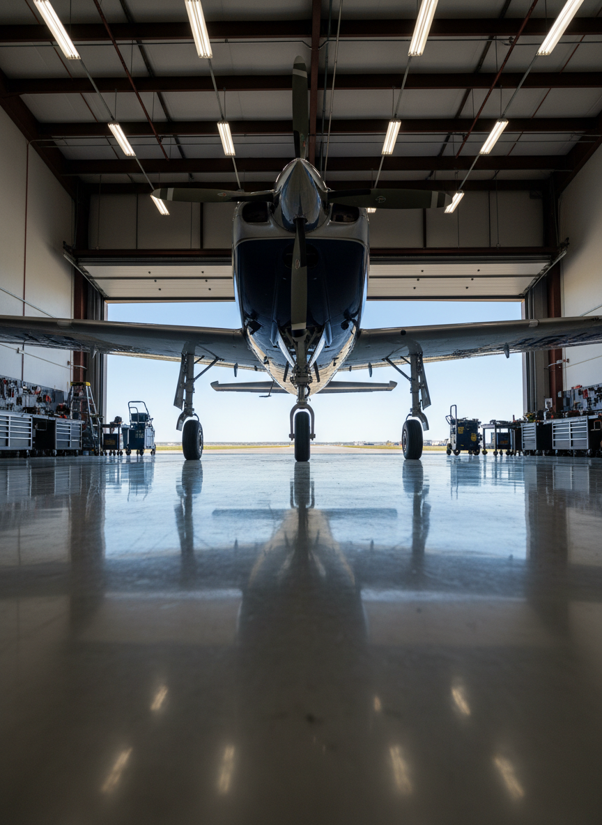 An immaculate concrete aircraft hangar floor reflecting the underside of a detailed single-engine airplane, its paintwork flawless and landing gear spotless, with neatly organized tool chests and maintenance equipment aligned along the side walls. Overhead LED bay lights cast bright, even illumination, producing crisp reflections and minimal shadows, highlighting the cleanliness and order of the workspace. The hangar doors are partially open, revealing a glimpse of runway and blue sky outside, slightly overexposed for contrast. Photographed from a low, wide-angle perspective in photographic realism, the composition leads the eye along the aircraft fuselage toward the open doors, creating a mood of disciplined readiness, reliability, and professional aviation service.