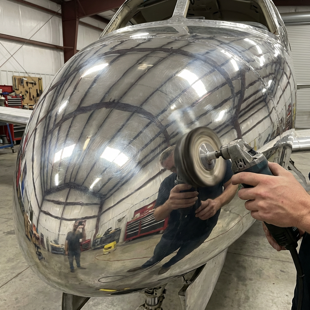 Person using a power buffer on the highly reflective metal nose of an airplane.