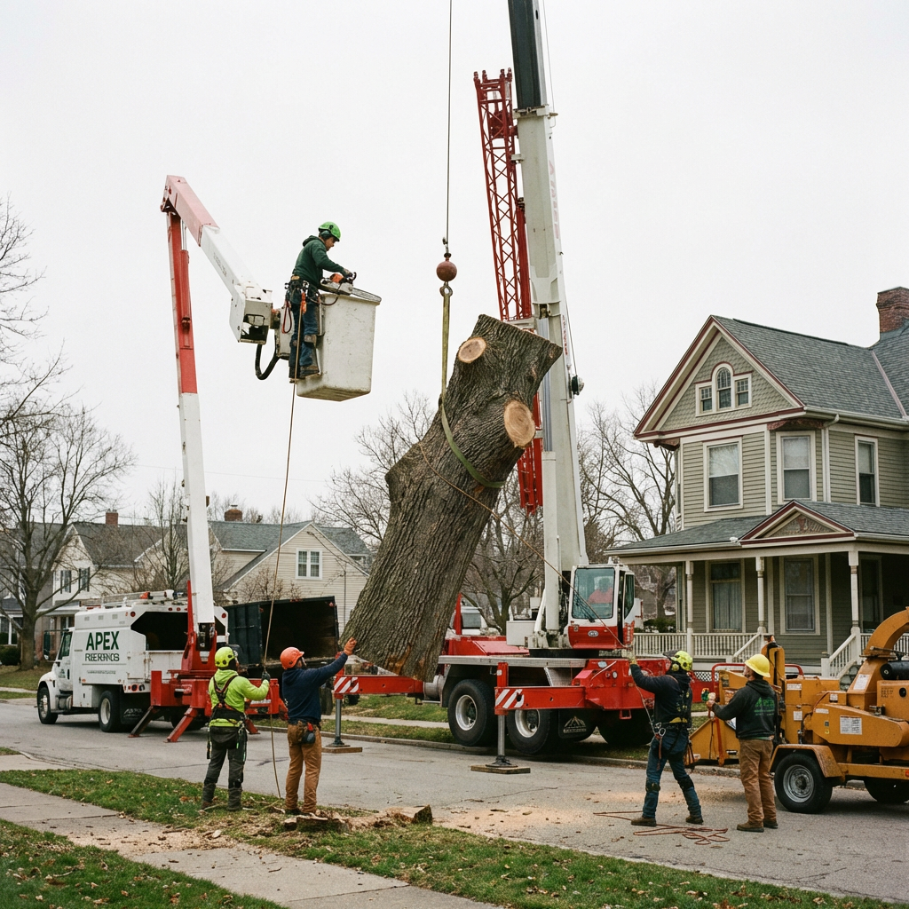 Arborists using a crane and bucket truck to remove a large tree trunk in a residential neighborhood.